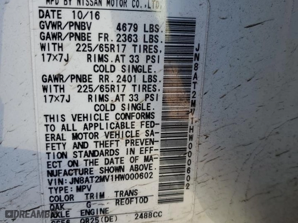 2017 Nissan Rogue S with VIN JN8AT2MV1HW000602, listed as a Copart auction lot 43781445 with 122,976 mi miles and Salvage Title. Bid and sale history available at carsss.com. Image 14.