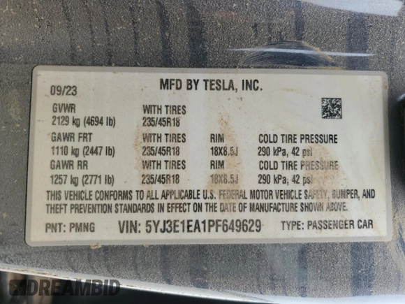 2023 Tesla Model 3 z VIN 5YJ3E1EA1PF649629, wystawiony jako Copart lot #78070704 z przebiegiem Nie podano mil oraz Szkoda całkowita • Salvage title. Historia ofert i sprzedaży dostępna na DreamBid. Obrazek 13.