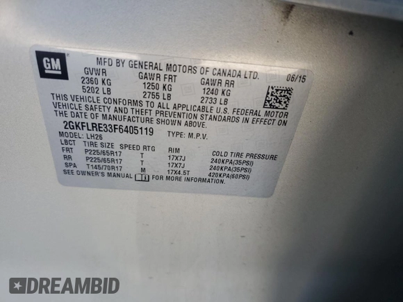 2015 GMC Terrain SLE with VIN 2GKFLRE33F6405119, listed as a Copart auction lot 88451625 with 85,783 mi miles and Salvage Title. Bid and sale history available at DreamBid. Image 15.