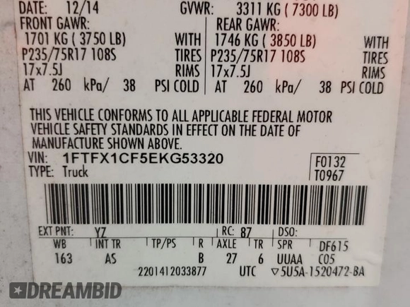 2014 Ford F-150 XL with VIN 1FTFX1CF5EKG53320, listed as a Copart auction lot 62101385 with 225,304 mi miles and Clean title. Bid and sale history available at DreamBid. Image 12.