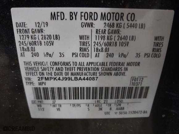 2020 Ford Edge SEL with VIN 2FMPK4J99LBA44087, listed as a IAAI auction lot 41412691 with 123,897 mi miles. Bid and sale history available at carsss.com. Image 9.