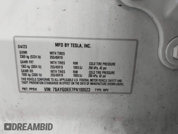 2023 Tesla Model Y Long Range with VIN 7SAYGDEE7PA100523, listed as a IAAI auction lot 40399455 with 18,885 mi miles and . Bid and sale history available at DreamBid. Image 9.