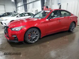 2021 Infiniti Q50 Red Sport 400 with VIN JN1FV7DR0MM880308, listed as a Copart auction lot 86103434 with 27,845 mi miles and Salvage Title. Bid and sale history available at carsss.com. Image 1.