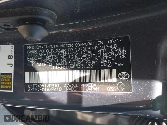 2015 Toyota Prius Four with VIN JTDKN3DUXF0401038, listed as a IAAI auction lot 42461797 with 142,302 mi miles and . Bid and sale history available at DreamBid. Image 9.