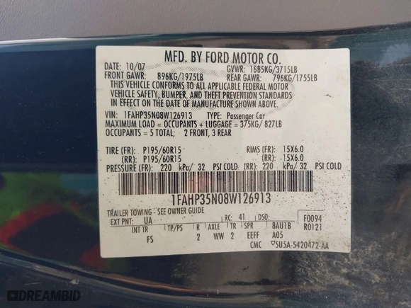 2008 Ford Focus SE with VIN 1FAHP35N08W126913, listed as a IAAI auction lot 41872898 with NaN miles. Bid and sale history available at carsss.com. Image 9.