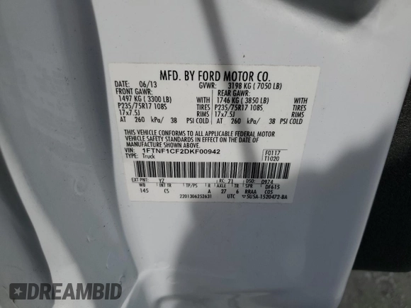 2013 Ford F-150 XL with VIN 1FTNF1CF2DKF00942, listed as a Copart auction lot 59525735 with 85,551 mi miles and Salvage title. Bid and sale history available at DreamBid. Image 12.