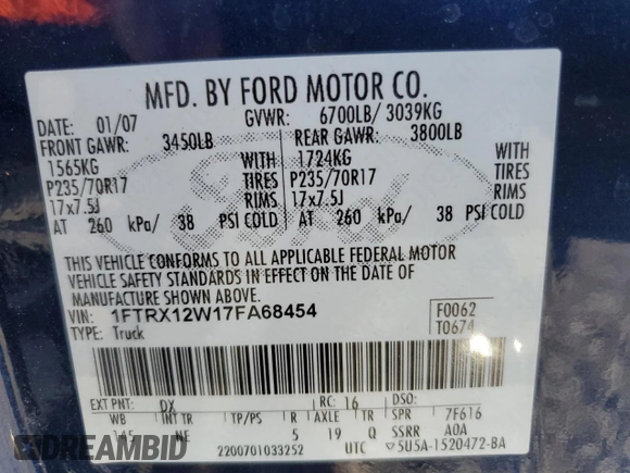 2007 Ford F-150 STX with VIN 1FTRX12W17FA68454, listed as a Copart auction lot 50409485 with 256,600 mi miles and Salvage Title. Bid and sale history available at DreamBid. Image 14.