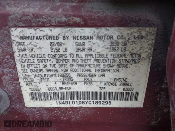 2000 Nissan Altima XE with VIN 1N4DL01D8YC189295, listed as a IAAI auction lot 41109066 with 15,221 mi miles and . Bid and sale history available at DreamBid. Image 9.
