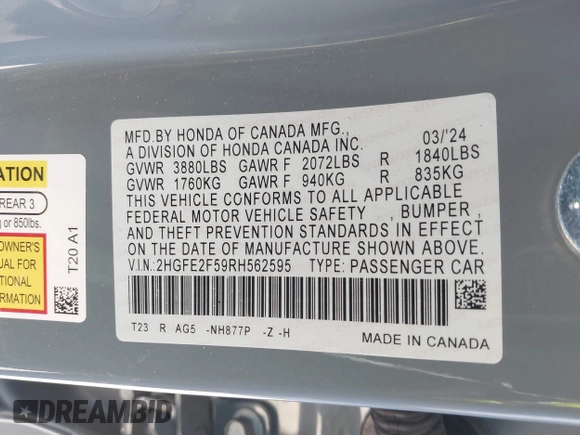 2024 Honda Civic Sport with VIN 2HGFE2F59RH562595, listed as a IAAI auction lot 41681632 with 18,217 mi miles and . Bid and sale history available at DreamBid. Image 9.