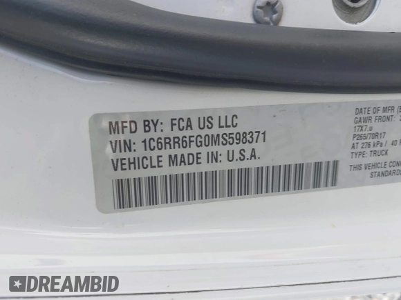 2021 Ram 1500 Tradesman with VIN 1C6RR6FG0MS598371, listed as a IAAI auction lot 42153876 with 69,620 mi miles and . Bid and sale history available at DreamBid. Image 9.