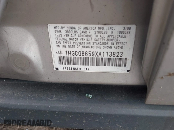 1999 Honda Accord LX with VIN 1HGCG6659XA113823, listed as a IAAI auction lot 42462228 with Not provided miles and . Bid and sale history available at DreamBid. Image 9.