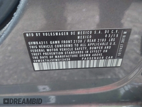 2015 Volkswagen Jetta S с VIN 3VW2K7AJ3FM313436, выставлен на аукционе IAAI как лот 42397215 с пробегом 175 889 миль миль и . История ставок и продаж доступна на DreamBid. Изображение 9.