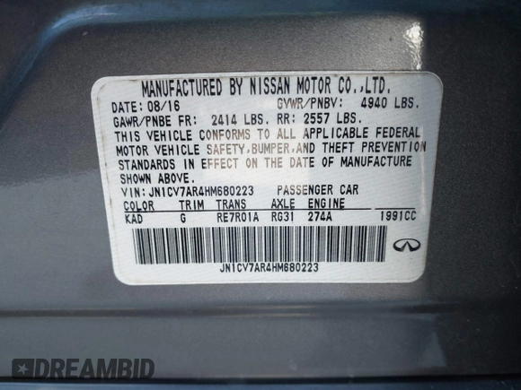 2017 Infiniti Q50 2.0t Premium with VIN JN1CV7AR4HM680223, listed as a IAAI auction lot 41293719 with 78,823 mi miles. Bid and sale history available at carsss.com. Image 9.