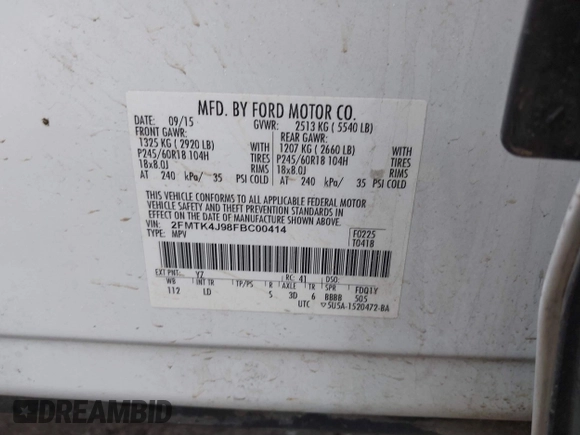 2015 Ford Edge SEL with VIN 2FMTK4J98FBC00414, listed as a IAAI auction lot 41432209 with 137,559 mi miles. Bid and sale history available at carsss.com. Image 9.