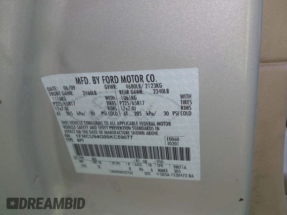 2009 Ford Escape Limited с VIN 1FMCU94G99KC59077, выставлен на аукционе IAAI как лот 42126295 с пробегом 169 306 миль миль и . История ставок и продаж доступна на DreamBid. Изображение 9.