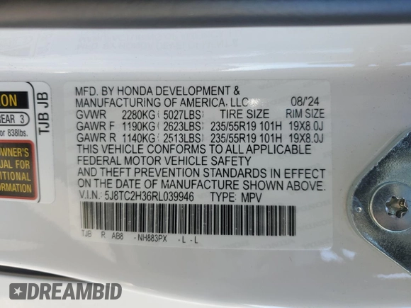 2024 Acura RDX with VIN 5J8TC2H36RL039946, listed as a Copart auction lot 48517945 with 4,959 mi miles and Salvage title. Bid and sale history available at DreamBid. Image 14.