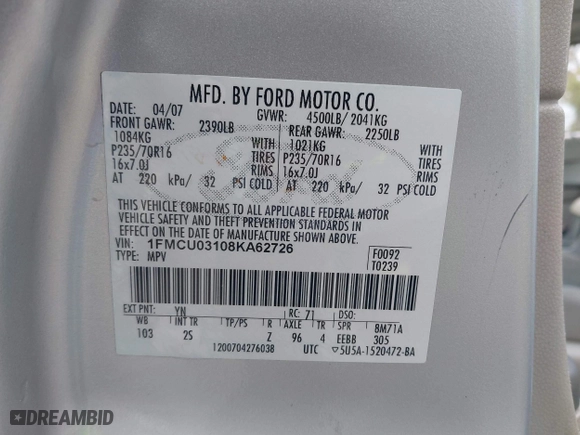 2008 Ford Escape XLT with VIN 1FMCU03108KA62726, listed as a IAAI auction lot 41921634 with 201,169 mi miles. Bid and sale history available at carsss.com. Image 9.