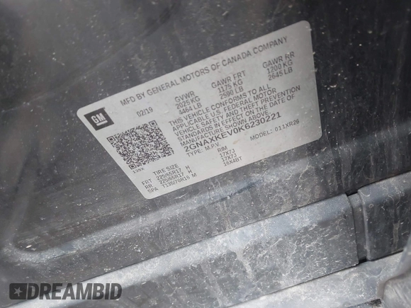 2019 Chevrolet Equinox LT with VIN 2GNAXKEV0K6230221, listed as a IAAI auction lot 42029818 with 63,190 mi miles and . Bid and sale history available at DreamBid. Image 9.