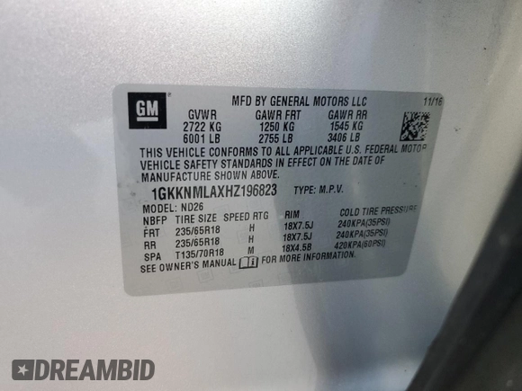 2017 GMC Acadia SLT with VIN 1GKKNMLAXHZ196823, listed as a Copart auction lot 75655254 with 57,257 mi miles and Salvage Title. Bid and sale history available at carsss.com. Image 13.
