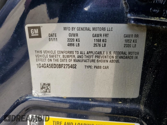2011 Buick LaCrosse CX with VIN 1G4GA5ED0BF275402, listed as a Copart auction lot 59690695 with 175,527 mi miles and Salvage title. Bid and sale history available at DreamBid. Image 12.