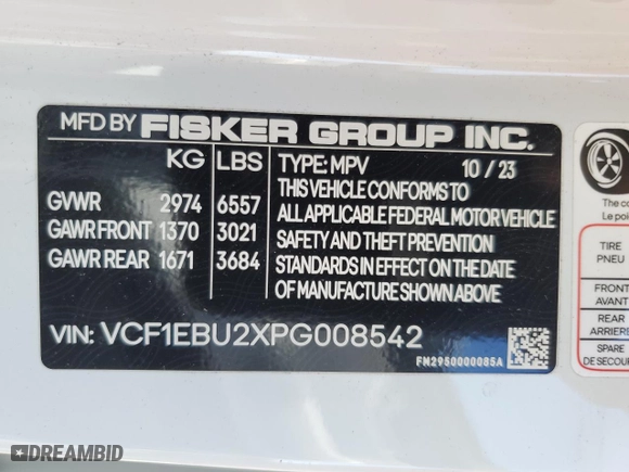 2023 Fisker Ocean Extreme with VIN VCF1EBU2XPG008542, listed as a Copart auction lot 48657715 with 7,977 mi miles and Salvage Title. Bid and sale history available at carsss.com. Image 15.