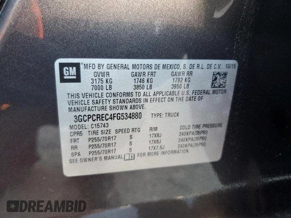 2015 Chevrolet Silverado 1500 LT with VIN 3GCPCREC4FG534880, listed as a Copart auction lot 56717375 with 103,151 mi miles and Salvage Title. Bid and sale history available at DreamBid. Image 12.