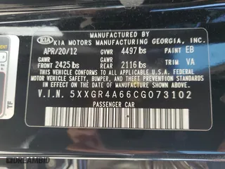 2012 Kia Optima SX with VIN 5XXGR4A66CG073102, listed as a Copart auction lot 74834154 with 108,249 mi miles and Salvage Title. Bid and sale history available at carsss.com. Image 12.