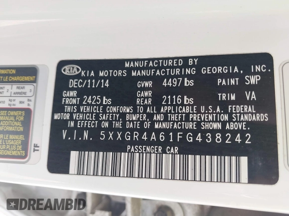 2015 Kia Optima SX Turbo with VIN 5XXGR4A61FG438242, listed as a IAAI auction lot 42344818 with 157,098 mi miles and . Bid and sale history available at DreamBid. Image 9.