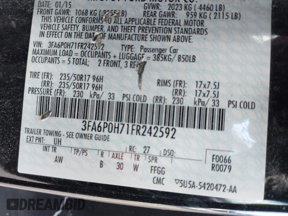 2015 Ford Fusion SE z VIN 3FA6P0H71FR242592, wystawiony jako IAAI lot #42255825 z przebiegiem Nie podano mil oraz . Historia ofert i sprzedaży dostępna na DreamBid. Obrazek 9.