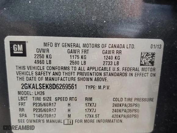 2013 GMC Terrain SLE with VIN 2GKALSEK8D6269561, listed as a Copart auction lot 85275764 with 0 mi miles and Salvage Title. Bid and sale history available at carsss.com. Image 14.