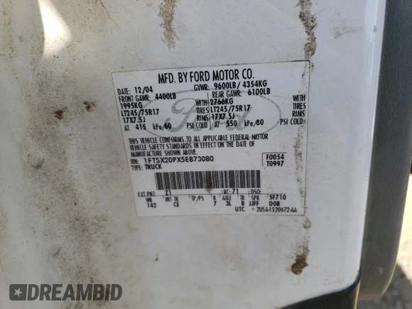 2005 Ford Super Duty F-250 XL with VIN 1FTSX20PX5EB73080, listed as a Copart auction lot 84086604 with 192,346 mi miles and Salvage Title. Bid and sale history available at carsss.com. Image 12.