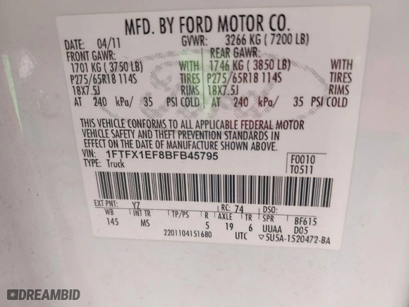 2011 Ford F-150 XL with VIN 1FTFX1EF8BFB45795, listed as a IAAI auction lot 40379782 with 259,050 mi miles. Bid and sale history available at carsss.com. Image 9.