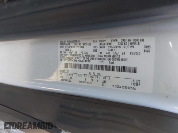 2019 Ford Transit with VIN 1FTYE1CM6KKA74930, listed as a IAAI auction lot 41020843 with 104,218 mi miles and . Bid and sale history available at DreamBid. Image 9.