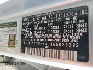 2016 Kia Sorento EX with VIN 5XYPH4A11GG033292, listed as a Copart auction lot 48294025 with Not Provided miles and Clean Title. Bid and sale history available at DreamBid. Image 13.