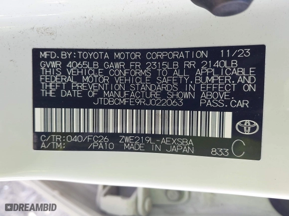 2024 Toyota Corolla Hybrid LE with VIN JTDBCMFE9RJ022063, listed as a IAAI auction lot 41695257 with 21,960 mi miles. Bid and sale history available at carsss.com. Image 9.