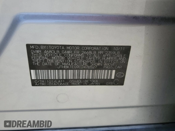 2012 Lexus ES 330 with VIN JTHBK1EG9C2476527, listed as a Copart auction lot 60486325 with 116,165 mi miles and Salvage title. Bid and sale history available at DreamBid. Image 12.