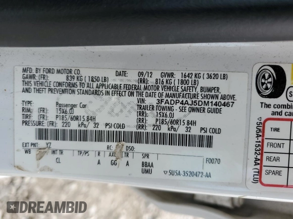 2013 Ford Fiesta S z VIN 3FADP4AJ5DM140467, wystawiony jako Copart lot #54718675 z przebiegiem 135 949 mil mil oraz Szkoda całkowita • Salvage title. Historia ofert i sprzedaży dostępna na DreamBid. Obrazek 12.
