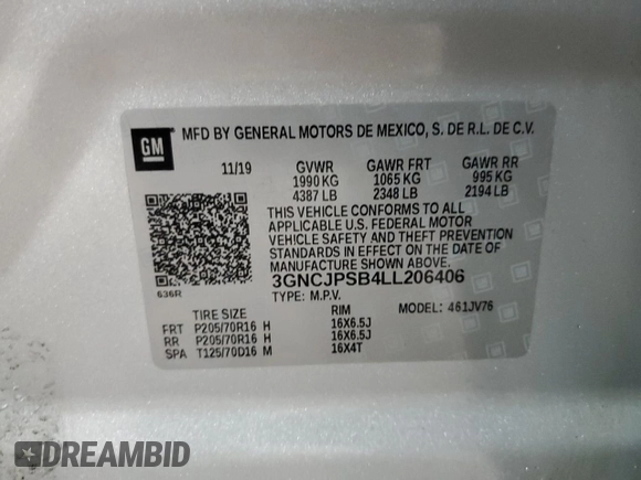 2020 Chevrolet Trax LT z VIN 3GNCJPSB4LL206406, wystawiony jako Copart lot #49431715 z przebiegiem 90 246 mil mil oraz Szkoda całkowita • Salvage title. Historia ofert i sprzedaży dostępna na DreamBid. Obrazek 12.