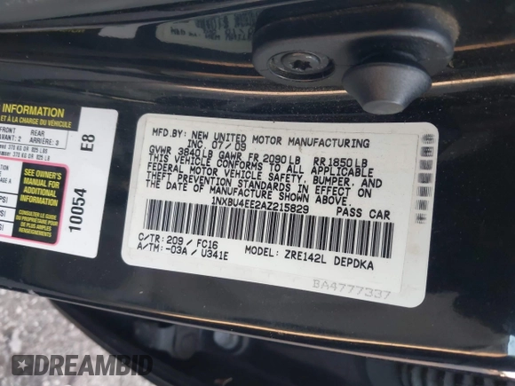 2010 Toyota Corolla with VIN 1NXBU4EE2AZ215829, listed as a IAAI auction lot 42744018 with 131,813 mi miles and . Bid and sale history available at DreamBid. Image 9.