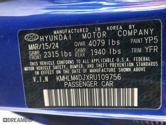 2024 Hyundai Elantra Hybrid Blue with VIN KMHLM4DJXRU109756, listed as a Copart auction lot 44984365 with 6,418 mi miles and Non Repairable. Bid and sale history available at carsss.com. Image 12.