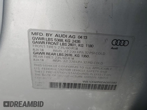 2013 Audi Q5 Premium with VIN WA1CFAFP6DA085880, listed as a Copart auction lot 42168855 with 132,310 mi miles and Salvage Title. Bid and sale history available at carsss.com. Image 13.