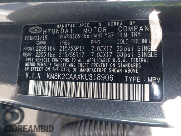 2019 Hyundai Kona SEL with VIN KM8K2CAAXKU318906, listed as a IAAI auction lot 41992237 with 101,964 mi miles. Bid and sale history available at carsss.com. Image 9.