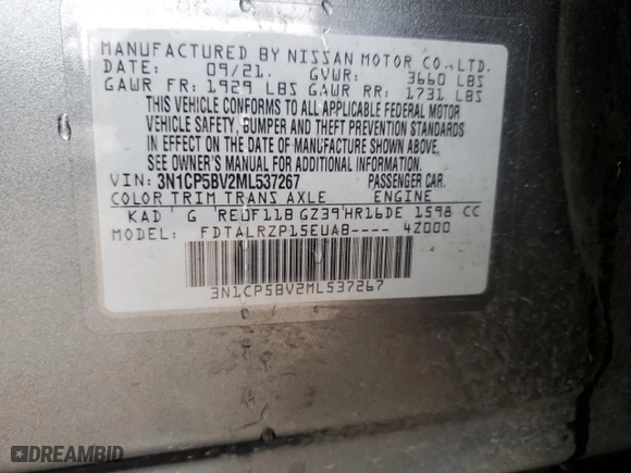2021 Nissan Kicks S with VIN 3N1CP5BV2ML537267, listed as a Copart auction lot 89003855 with 55,180 mi miles and Clean Title. Bid and sale history available at carsss.com. Image 12.