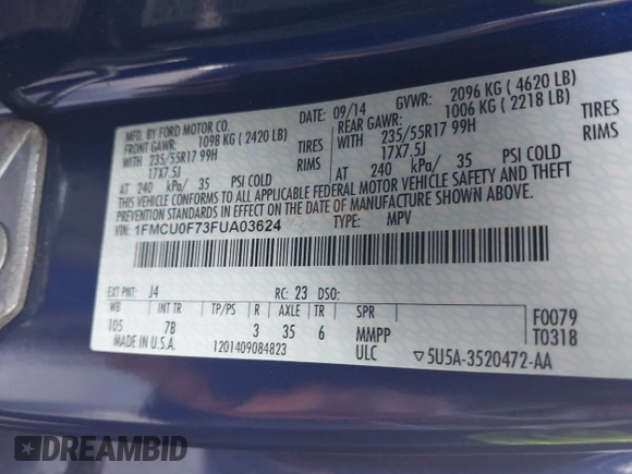 2015 Ford Escape S with VIN 1FMCU0F73FUA03624, listed as a IAAI auction lot 42196298 with 117,211 mi miles and . Bid and sale history available at DreamBid. Image 9.