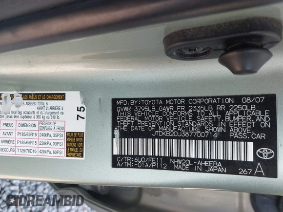 2008 Toyota Prius with VIN JTDKB20U387700714, listed as a IAAI auction lot 41974799 with 139,625 mi miles. Bid and sale history available at carsss.com. Image 9.