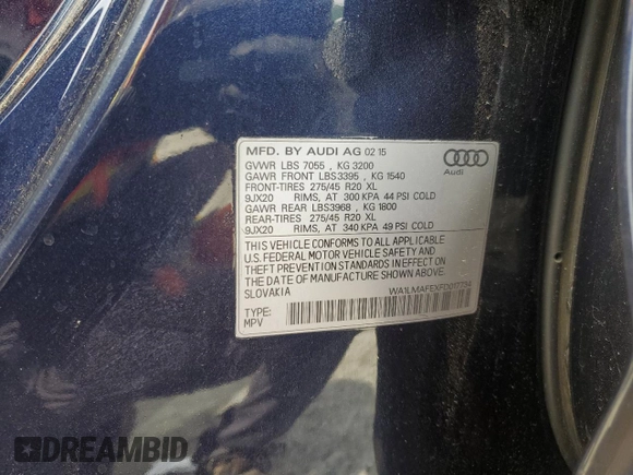 2015 Audi Q7 Premium Plus with VIN WA1LMAFEXFD017734, listed as a Copart auction lot 56646235 with 126,857 mi miles and Salvage title. Bid and sale history available at DreamBid. Image 13.
