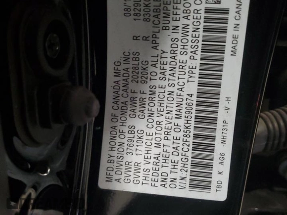 2019 Honda Civic Sport with VIN 2HGFC2F85KH590674, listed as a Copart auction lot 54452595 with 12,610 mi miles and Salvage Title. Bid and sale history available at DreamBid. Image 12.