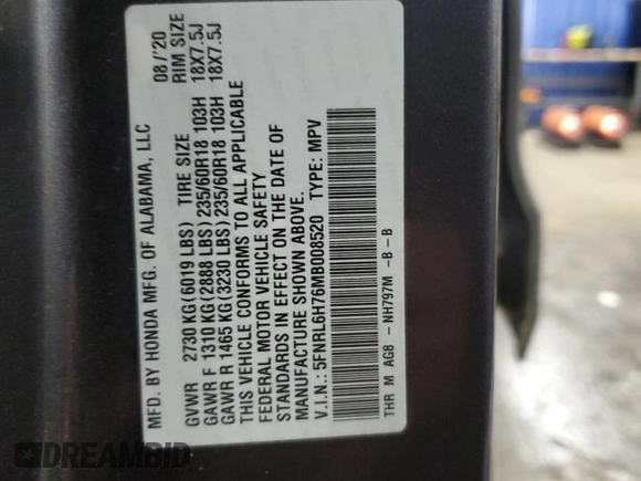 2021 Honda Odyssey EX-L with VIN 5FNRL6H76MB008520, listed as a Copart auction lot 45881615 with 45,964 mi miles and Salvage Title. Bid and sale history available at DreamBid. Image 16.
