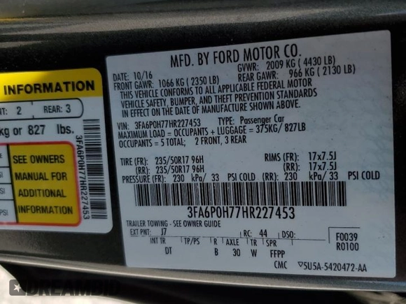 2017 Ford Fusion SE with VIN 3FA6P0H77HR227453, listed as a Copart auction lot 63395685 with 83,355 mi miles and Salvage title. Bid and sale history available at DreamBid. Image 12.