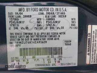 2004 Ford Explorer Eddie Bauer with VIN 1FMZU74K14ZA93639, listed as a IAAI auction lot 41982527 with 250,933 mi miles and . Bid and sale history available at DreamBid. Image 9.
